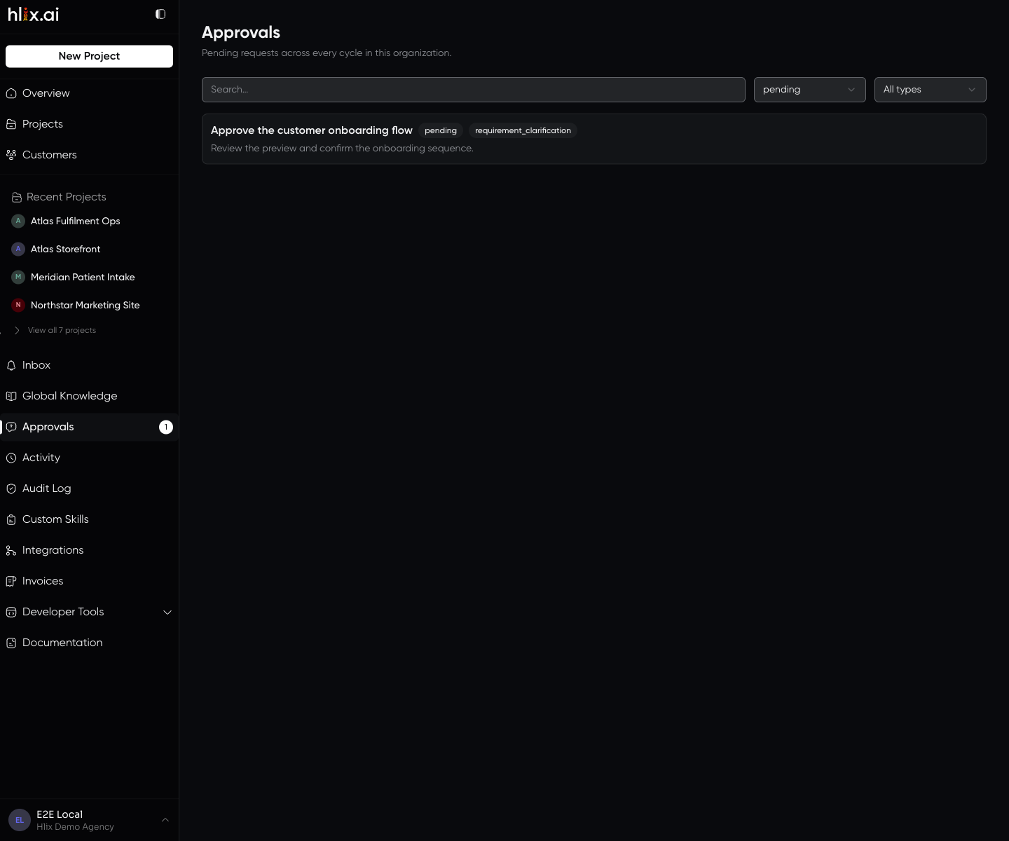 The Approvals screen, listing pending decisions that block a cycle from dispatching until a human approves or denies each one.