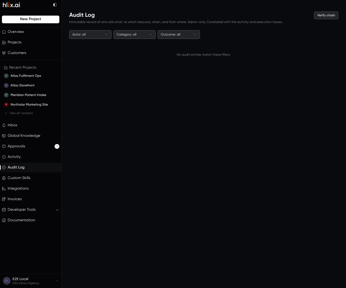 The Audit Log screen: a filterable table of security-sensitive actions recording who did what, to what, when, and with what outcome.