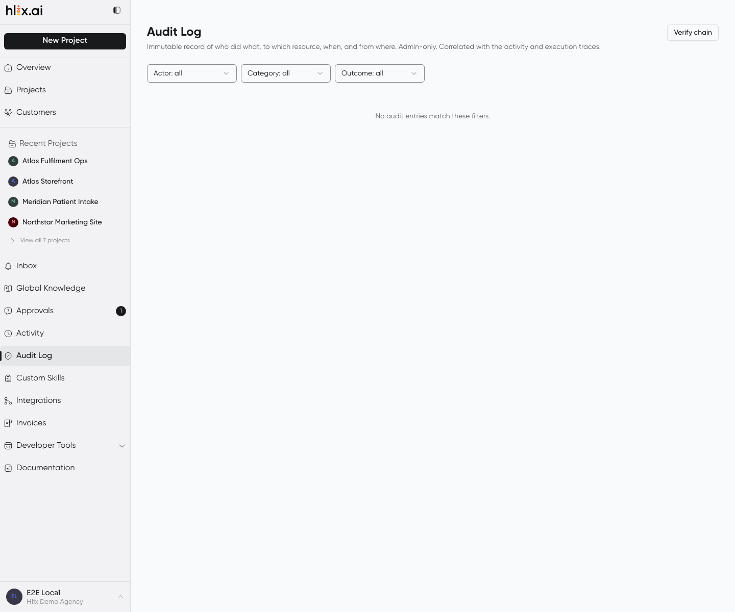 The Audit Log screen: a filterable table of security-sensitive actions recording who did what, to what, when, and with what outcome.